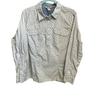 Duluth Trading Co women's size L dusty blue polka dot princess seams button top